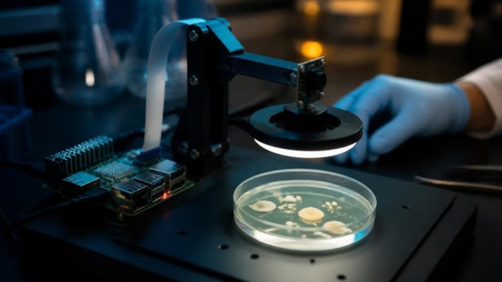 A compact imaging station on a lab bench with a petri dish under a ring light and a small AI board beside it
