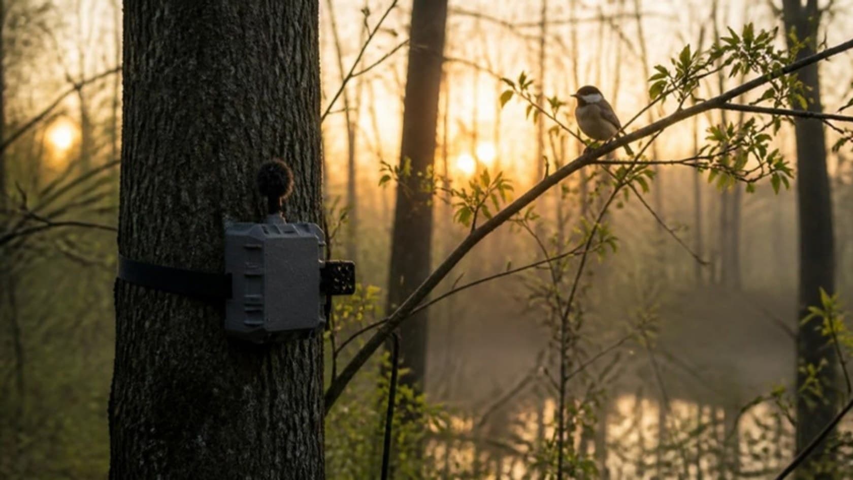 A weatherproof listening station mounted in misty woods with a songbird perched nearby