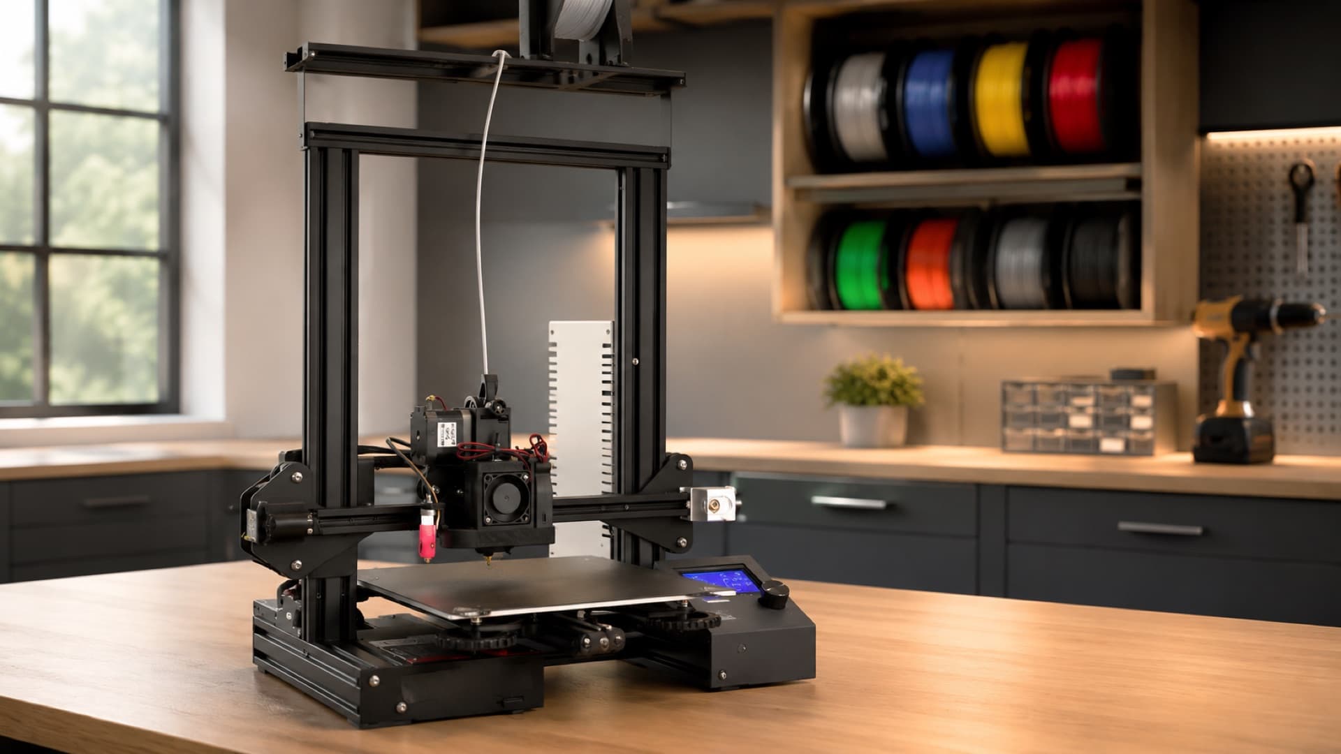 An Ender 3 printer on a workbench with a rack of filament spools behind it