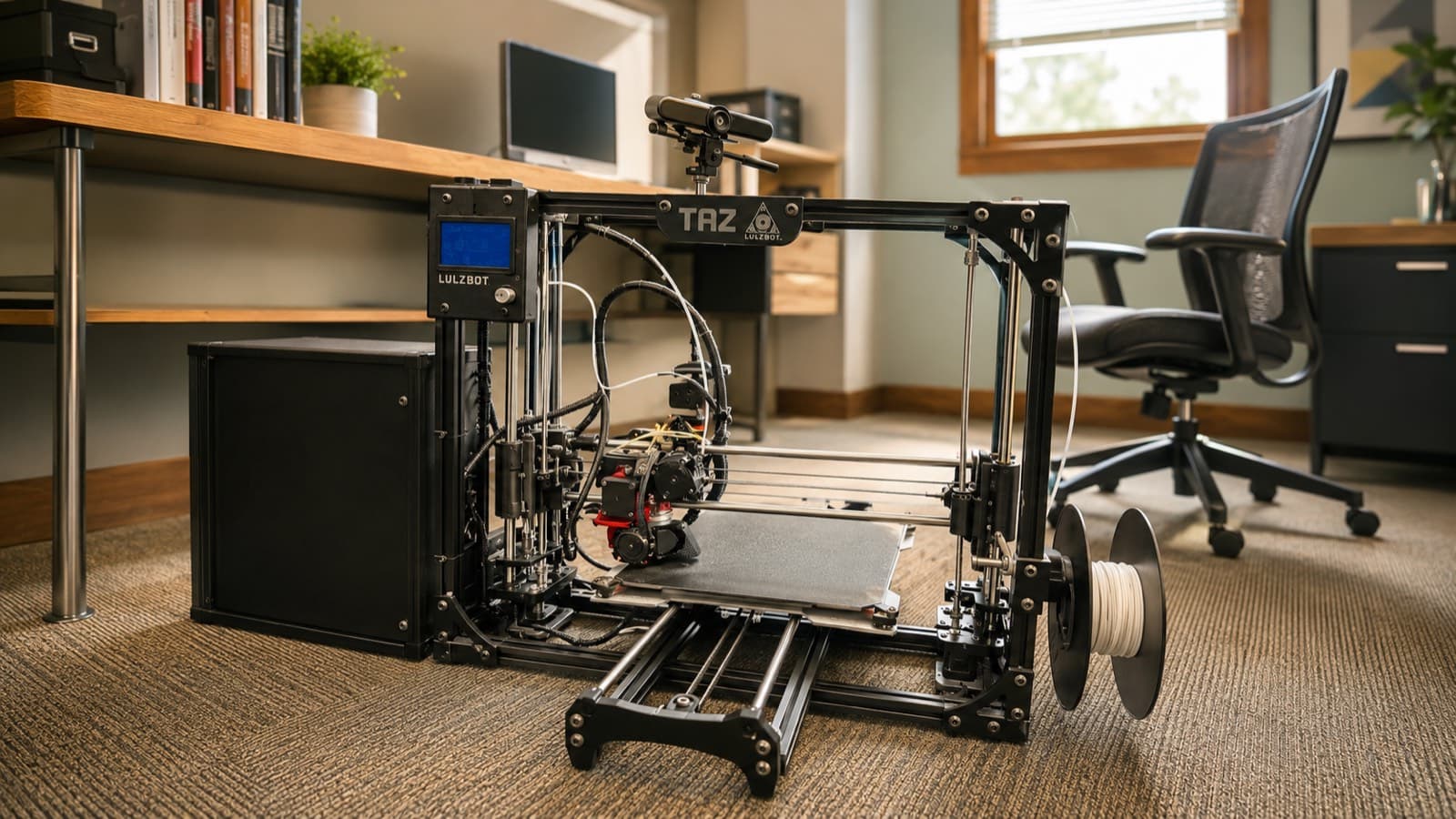 A large-format LulzBot TAZ printer with its build plate carriage pulled forward for repair
