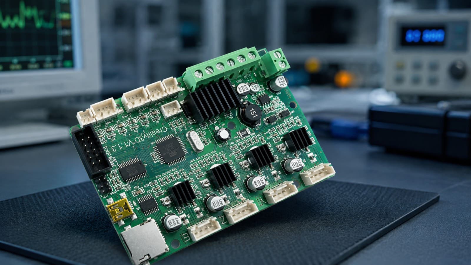 A 3D printer control board propped on a workbench beside test equipment