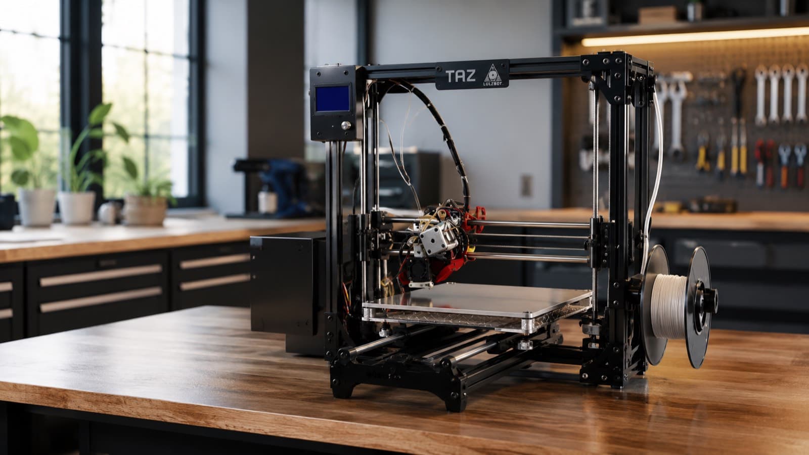A large-format LulzBot TAZ printer on a workshop bench with a filament spool mounted