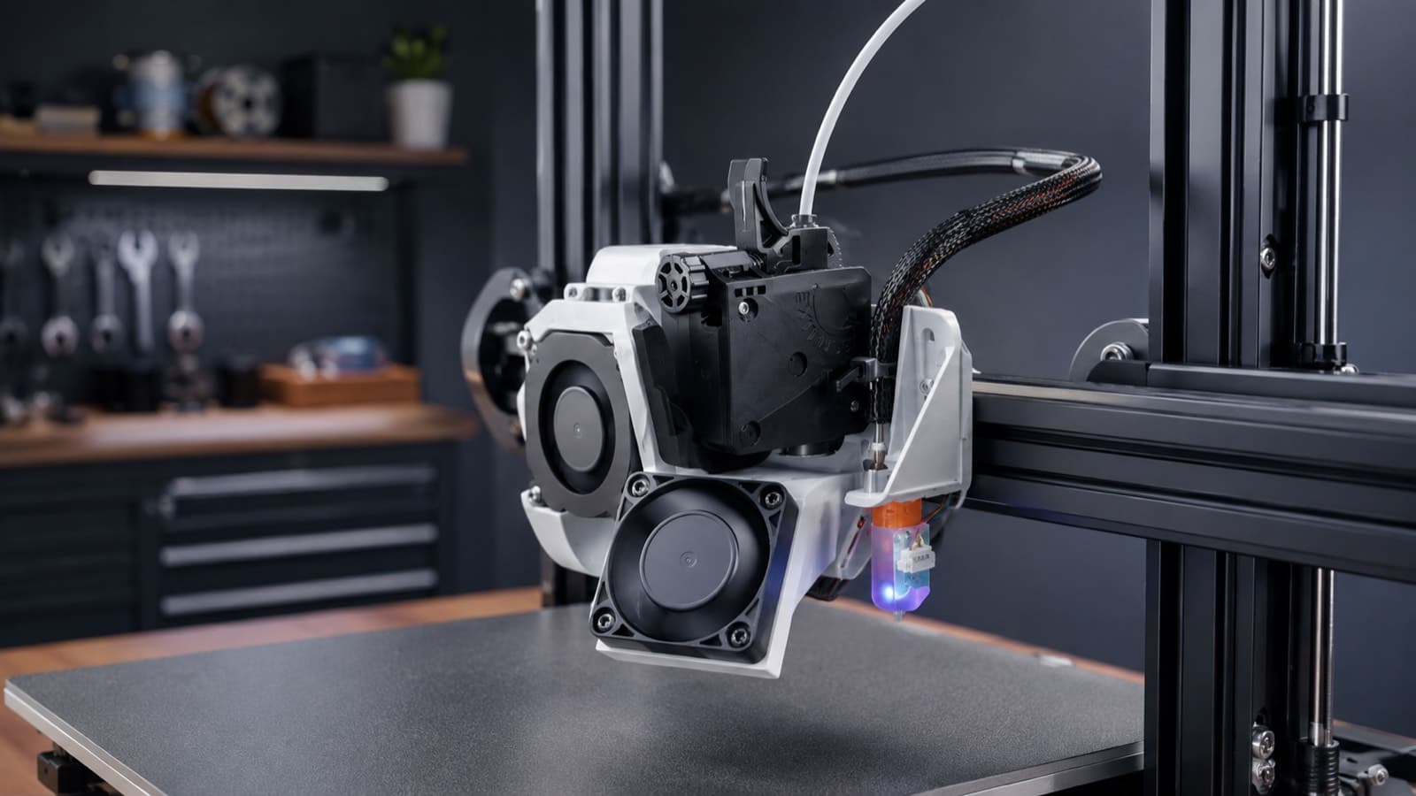 A close-up of a modern multi-material toolhead mounted on a printer gantry