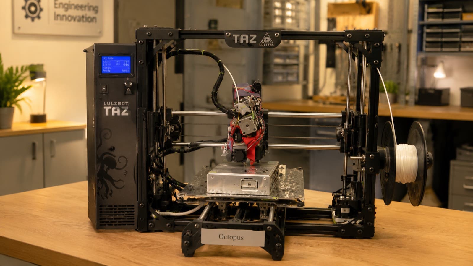 A large-format printer mid-print with a spool of light filament feeding the toolhead